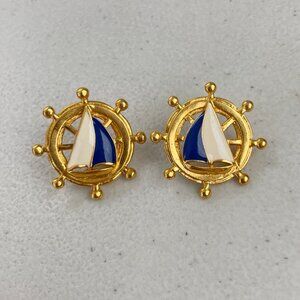 Vintage Sailboat Earrings Sailing Helm Boat Pierced Enamel Face White Blue Gold